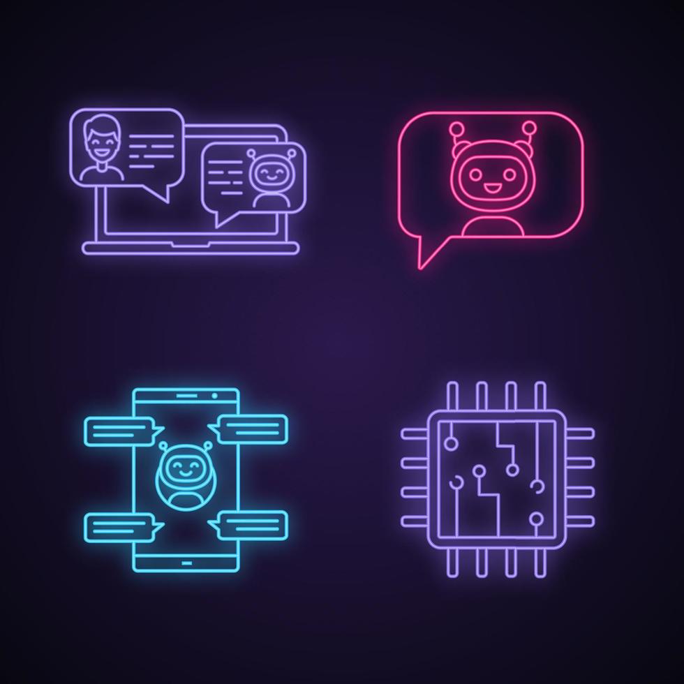 Chatbots neon light icons set. Virtual assistants. Messenger and chat bots. Processor. Modern robots. Smartphone chatterbots. Glowing signs. Vector isolated illustrations