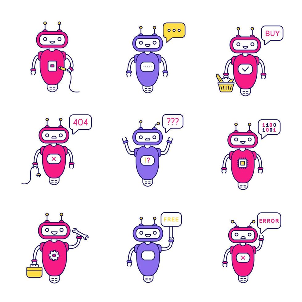 Chatbots color icons set. Buy, USB, question, not found, code, free, repair, error, typing bots. Modern robots. Isolated vector illustrations