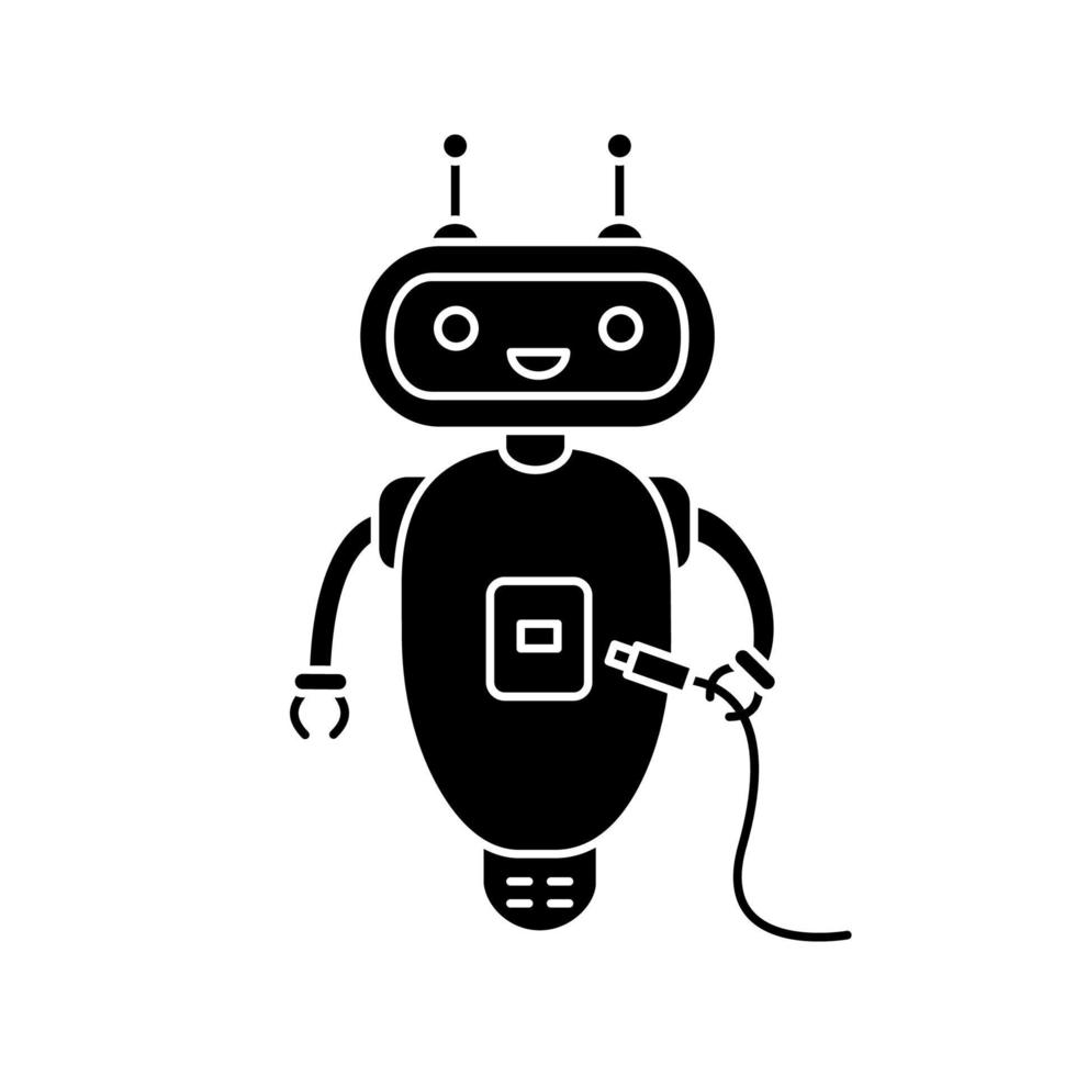 Chatbot with USB cable glyph icon. Silhouette symbol. Talkbot with USB slot plugs to cable. Modern robot. Virtual assistant. Online helper. Negative space. Vector isolated illustration