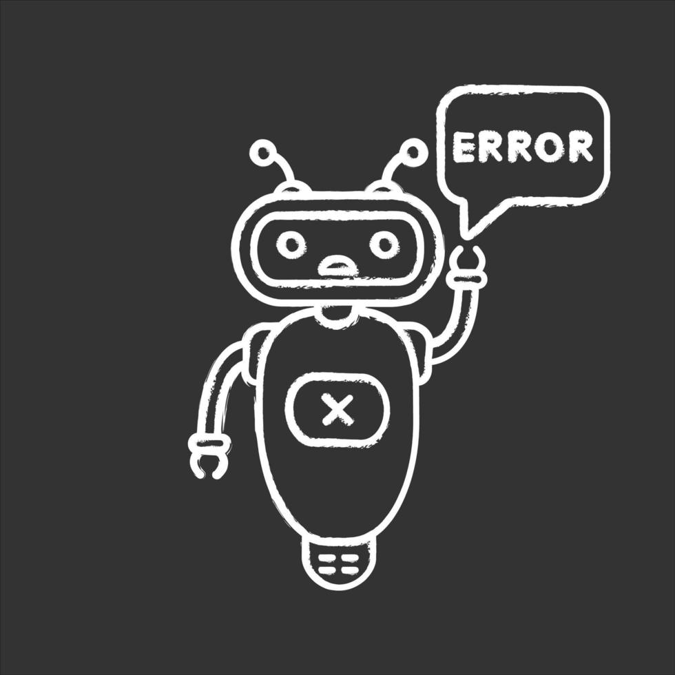 Error chatbot chalk icon. Talkbot with error in speech bubble. Online customer support. Virtual assistant. Modern robot. Isolated vector chalkboard illustration