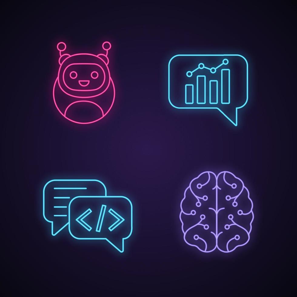 Chatbots neon light icons set. Virtual assistants. Code, statistics, support chat bots. Modern robots. Digital brain. Chatterbots. AI. Glowing signs. Vector isolated illustrations