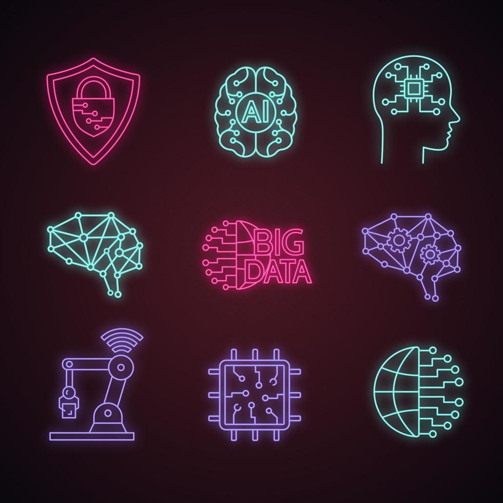 Artificial intelligence neon light icons set. Neurotechnology. Cybersecurity, ai, digital brain, neural network, big data, iot robot, internet of things. Glowing signs. Vector isolated illustrations