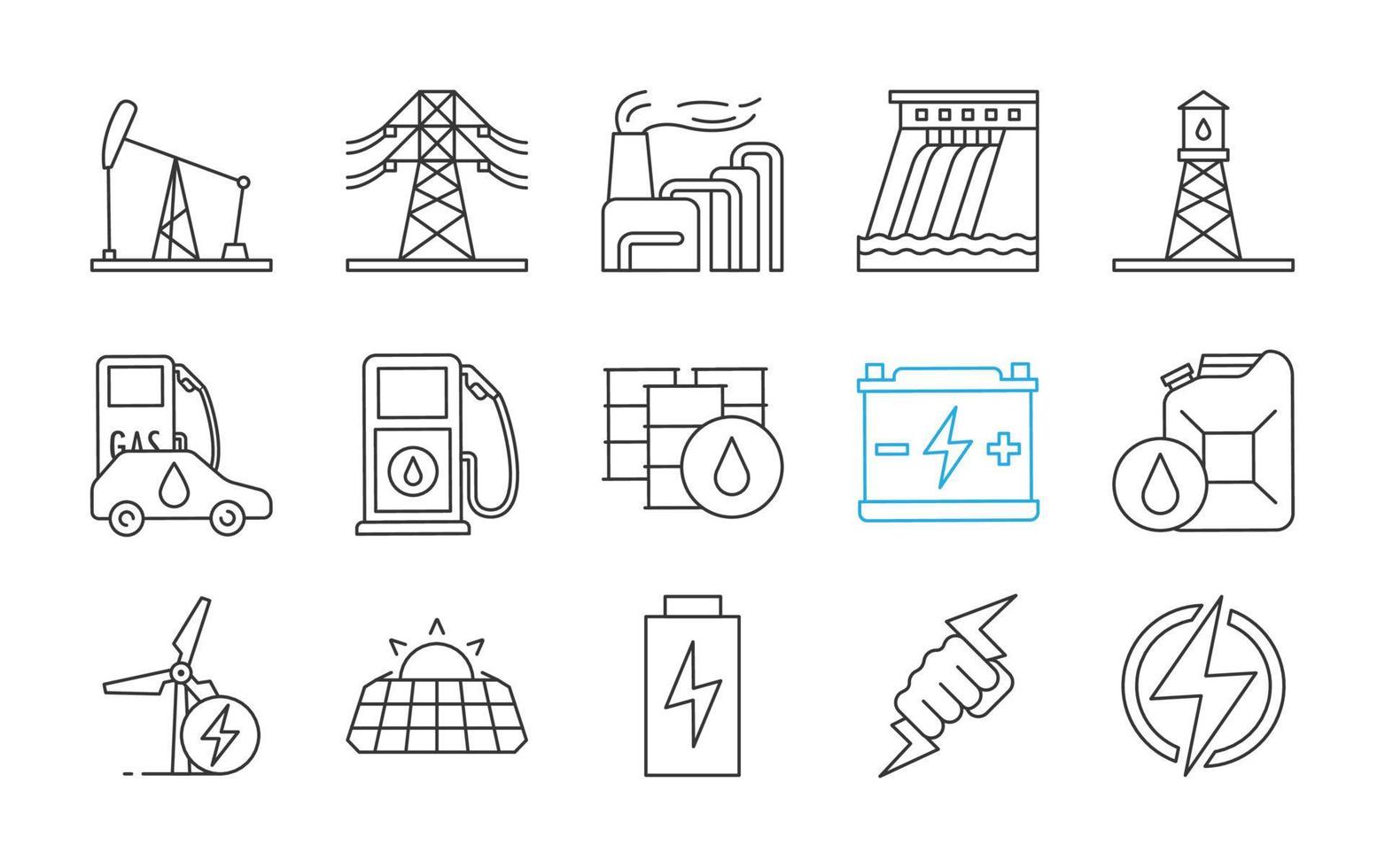 Electric energy linear icons set. Electricity. Power generation and accumulation. Electric power industry. Thin line contour symbols. Isolated vector outline illustrations. Editable stroke