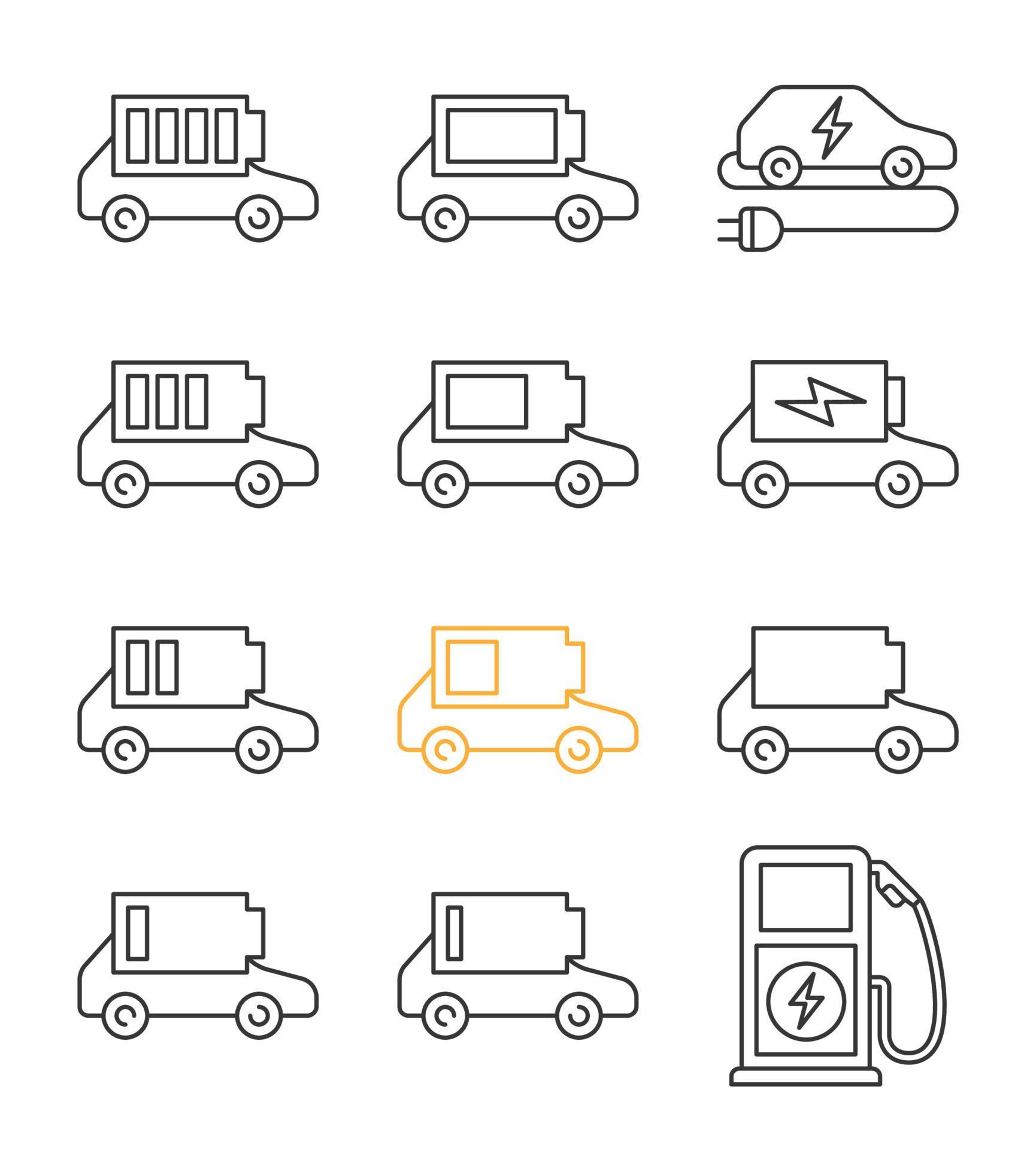 Electric car battery charging linear icons set. Automobile battery