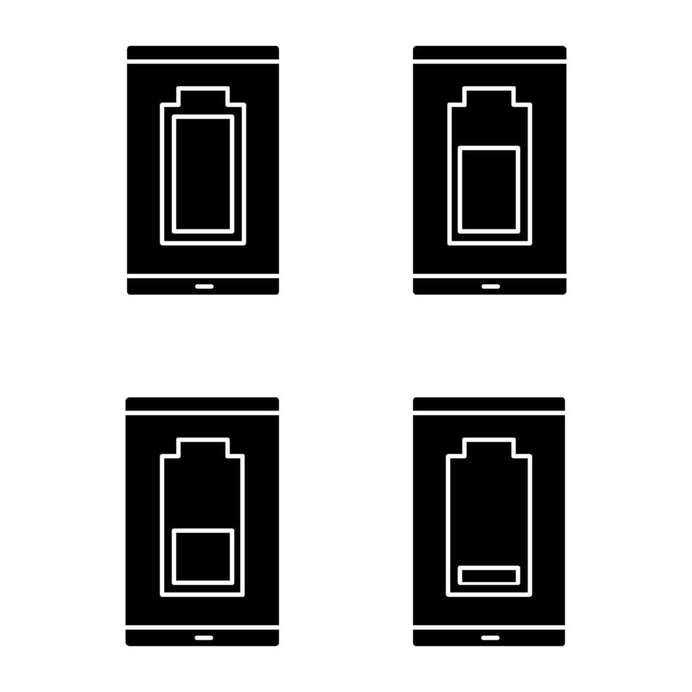 Smartphone battery charging glyph icons set. Mobile phone battery level indicator. Middle, low and high charge. Silhouette symbols. Vector isolated illustration