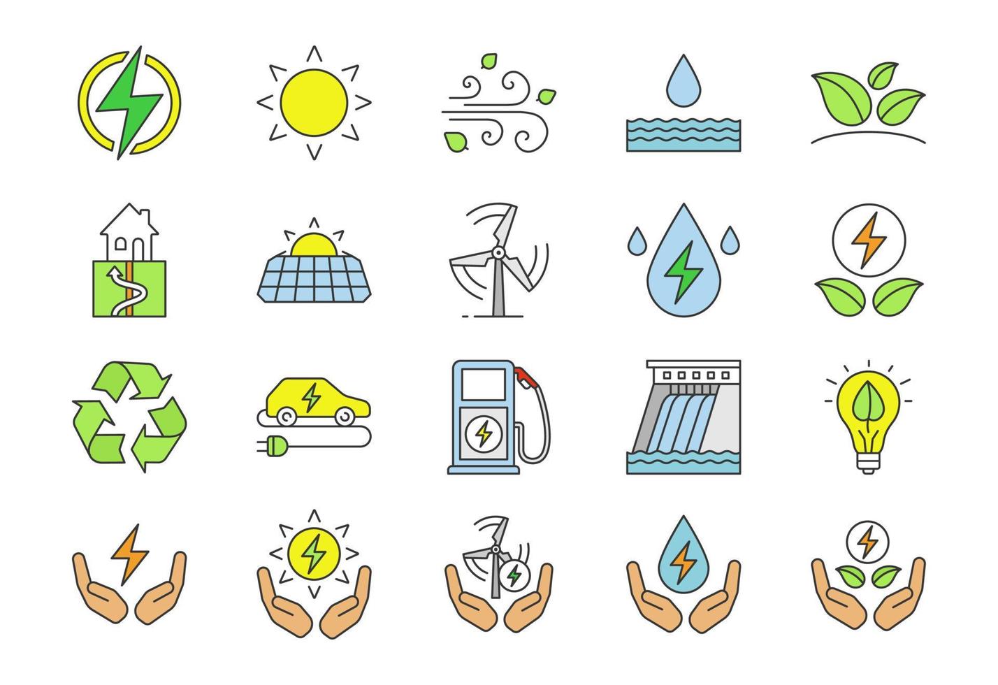 Alternative energy sources color icons set. Eco power. Renewable resources. Water, solar, thermal, wind energy. Isolated vector illustrations