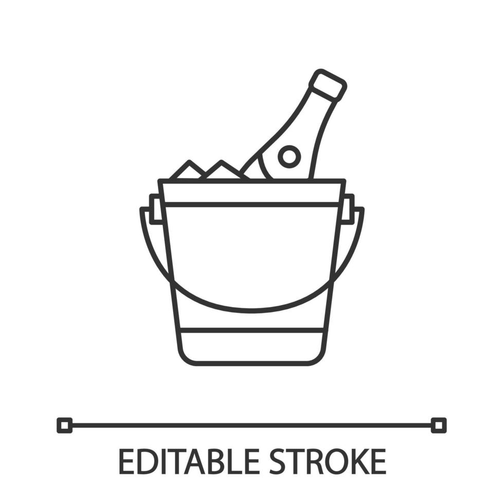 Champagne bucket linear icon. Alcoholic beverage. Thin line illustration. Wine bottle in bucket with ice. Contour symbol. Vector isolated outline drawing. Editable stroke