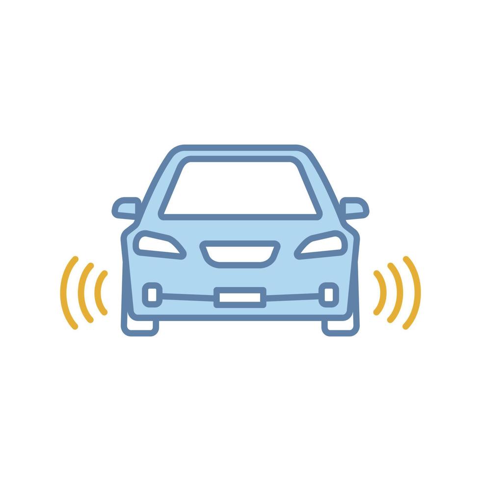 Smart car in front view color icon. NFC auto with radar sensors. Intelligent vehicle. Self driving automobile. Autonomous car. Driverless vehicle. Isolated vector illustration