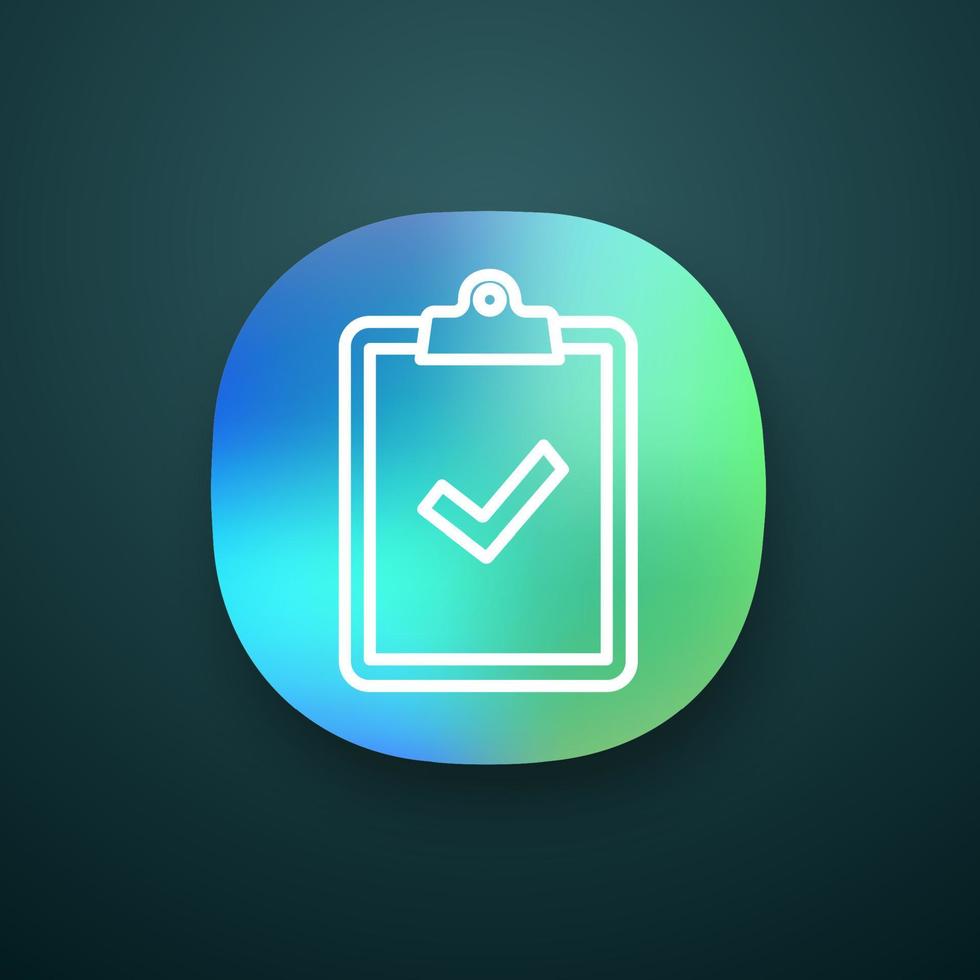 Clipboard with check mark app icon. Test, exam successfully completed. Verification and validation. Approved. Successfully tested. UI UX user interface. Web application. Vector isolated illustration