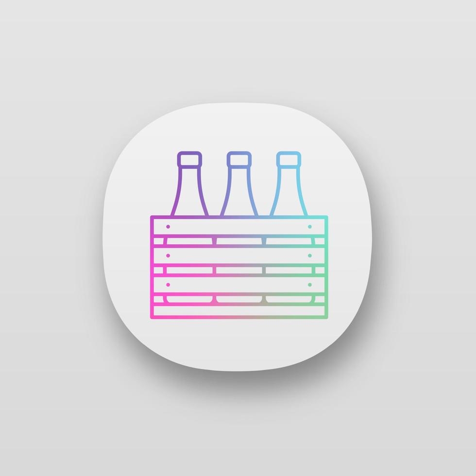Beer case app icon. UI UX user interface. Wine or champagne bottles in wooden crate. Milk bottles in wooden box. Web or mobile application. Vector isolated illustration
