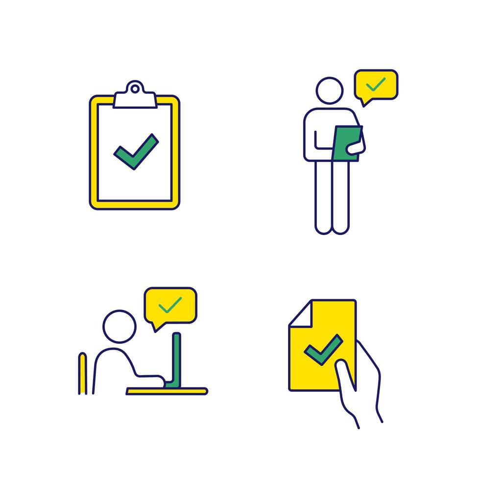 Approve color icons set. Verification and validation. Clipboard with check mark, person checking document, contract signing, approval chat. Isolated vector illustrations