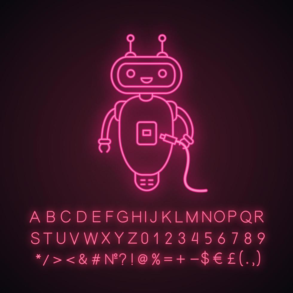 Chatbot with USB cable neon light icon. Talkbot with USB plugs to cable. Modern robot. Virtual assistant. Online helper. Glowing sign with alphabet, numbers and symbols. Vector isolated illustration