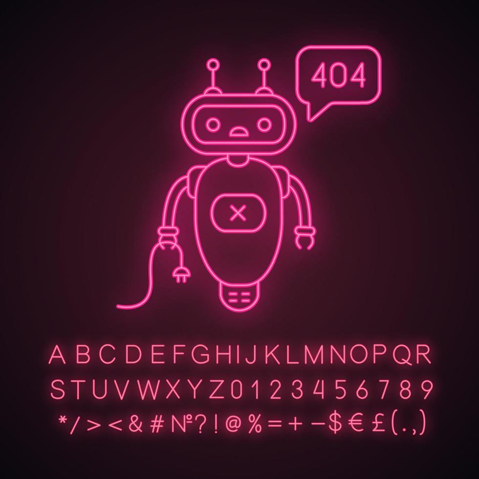Not found error chatbot neon light icon. Talkbot with error 404 in chat box. Online assistant. Modern robot. Glowing sign with alphabet, numbers and symbols. Vector isolated illustration