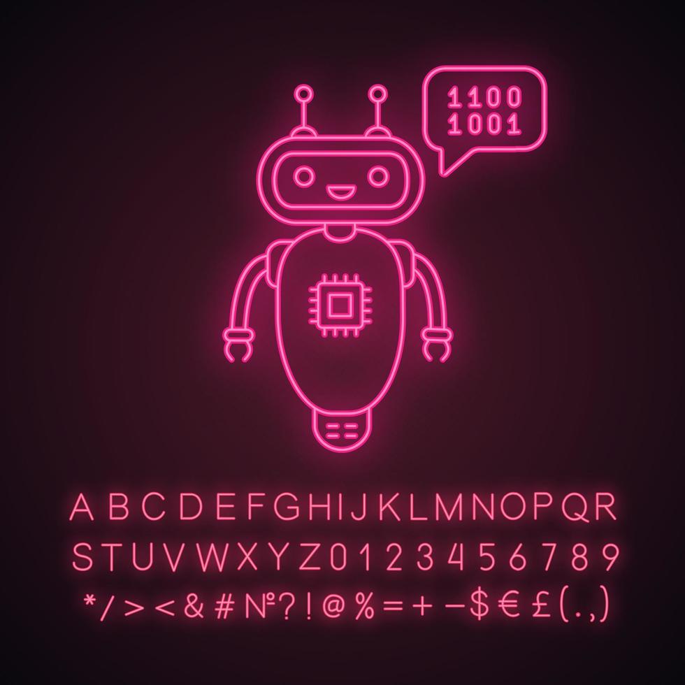 Chatbot coding neon light icon. Talkbot with chip insert. Codebot. Code writing virtual assistant. Online helper. Glowing sign with alphabet, numbers and symbols. Vector isolated illustration