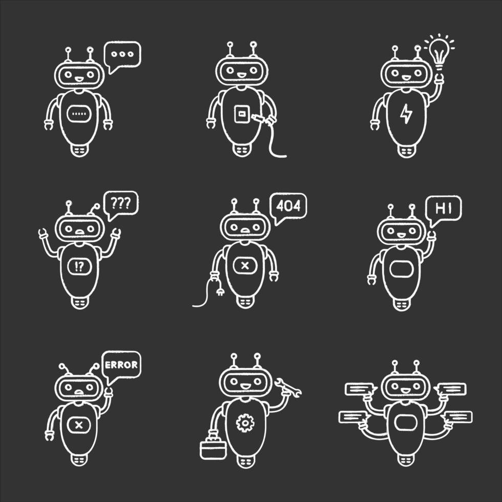 Chatbots chalk icons set. Talkbots. Typing, USB, idea, question, not found, hi, error, repair, chat bots. Modern robots. Isolated vector chalkboard illustrations