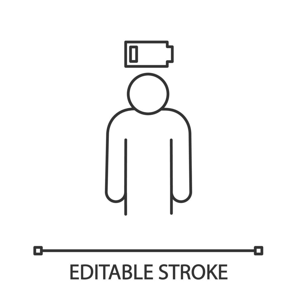 Mental exhaustion linear icon. Burnout. Thin line illustration. Fatigue. No energy. Stress symptom. Contour symbol. Vector isolated outline drawing. Editable stroke