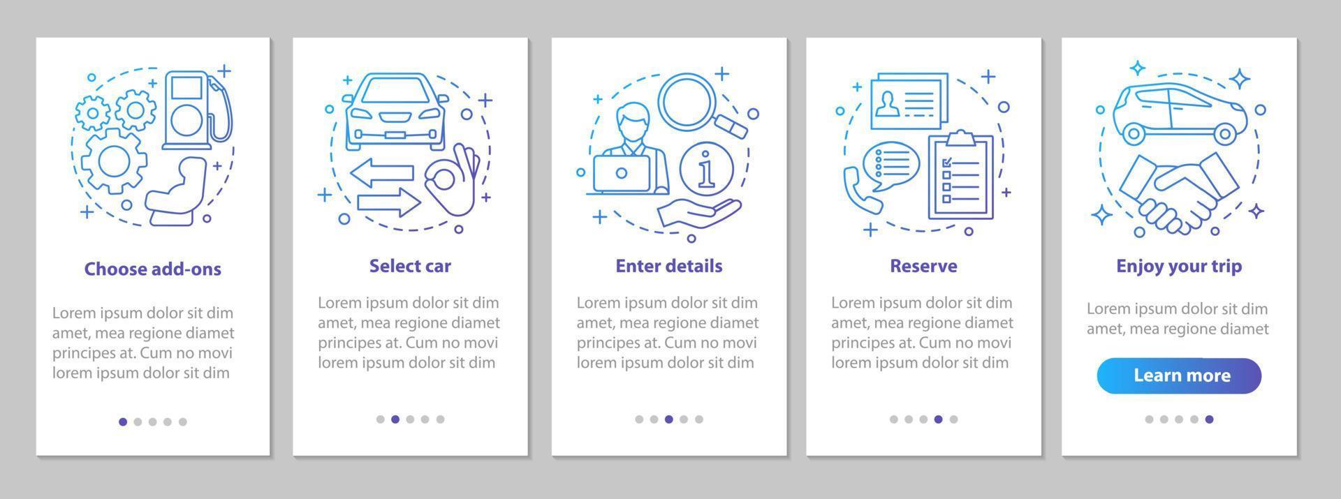 Car rental service onboarding mobile app page screen with linear concepts. Carpooling. Auto leasing steps graphic instructions. Rent automobile. UX, UI, GUI vector template with illustrations