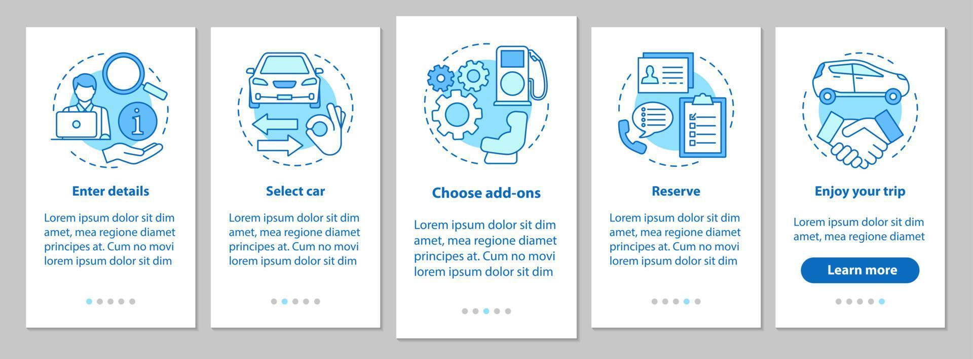 Car rental service onboarding mobile app page screen with linear concepts. Auto leasing steps graphic instructions. Rent a car. UX, UI, GUI vector template with illustrations