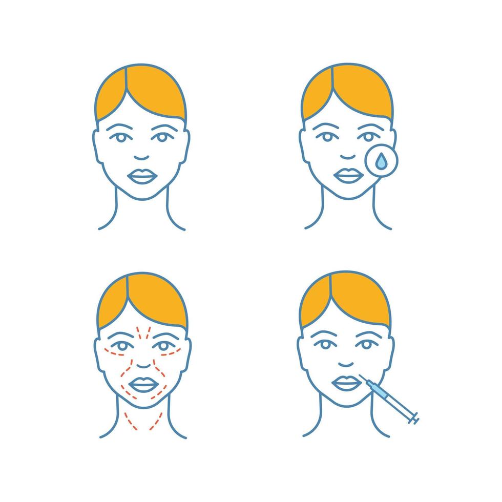 Neurotoxin injection color icons set. Woman face, makeup removal, mimic wrinkles, lips injection. Isolated vector illustrations