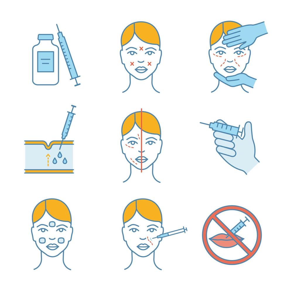 Neurotoxin injection color icons set. Vial, syringe, facial markup, cosmetologist exam, nasolabial folds subcutaneous injection, facial rejuvenation, cream, prohibition. Isolated vector illustrations