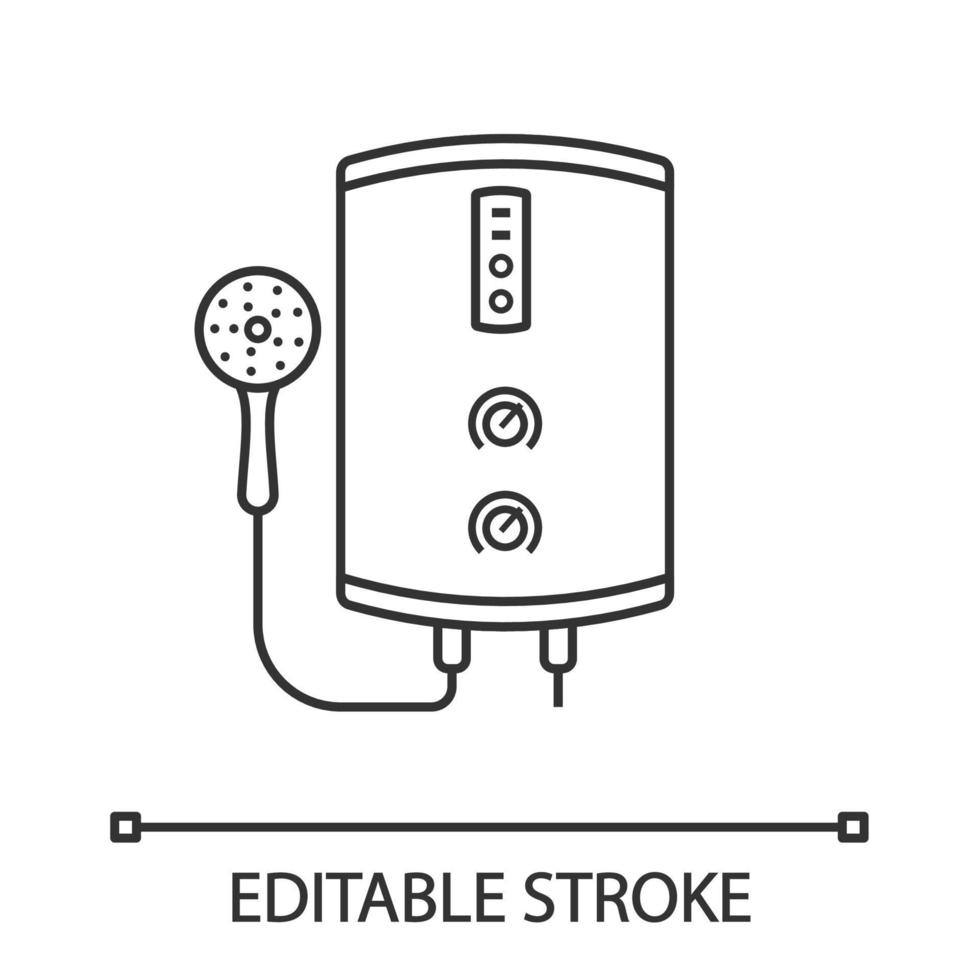 Electric tankless water heater linear icon. Bathroom heating water. Thin line illustration. On demand home boiler with shower head. Contour symbol. Vector isolated outline drawing. Editable stroke