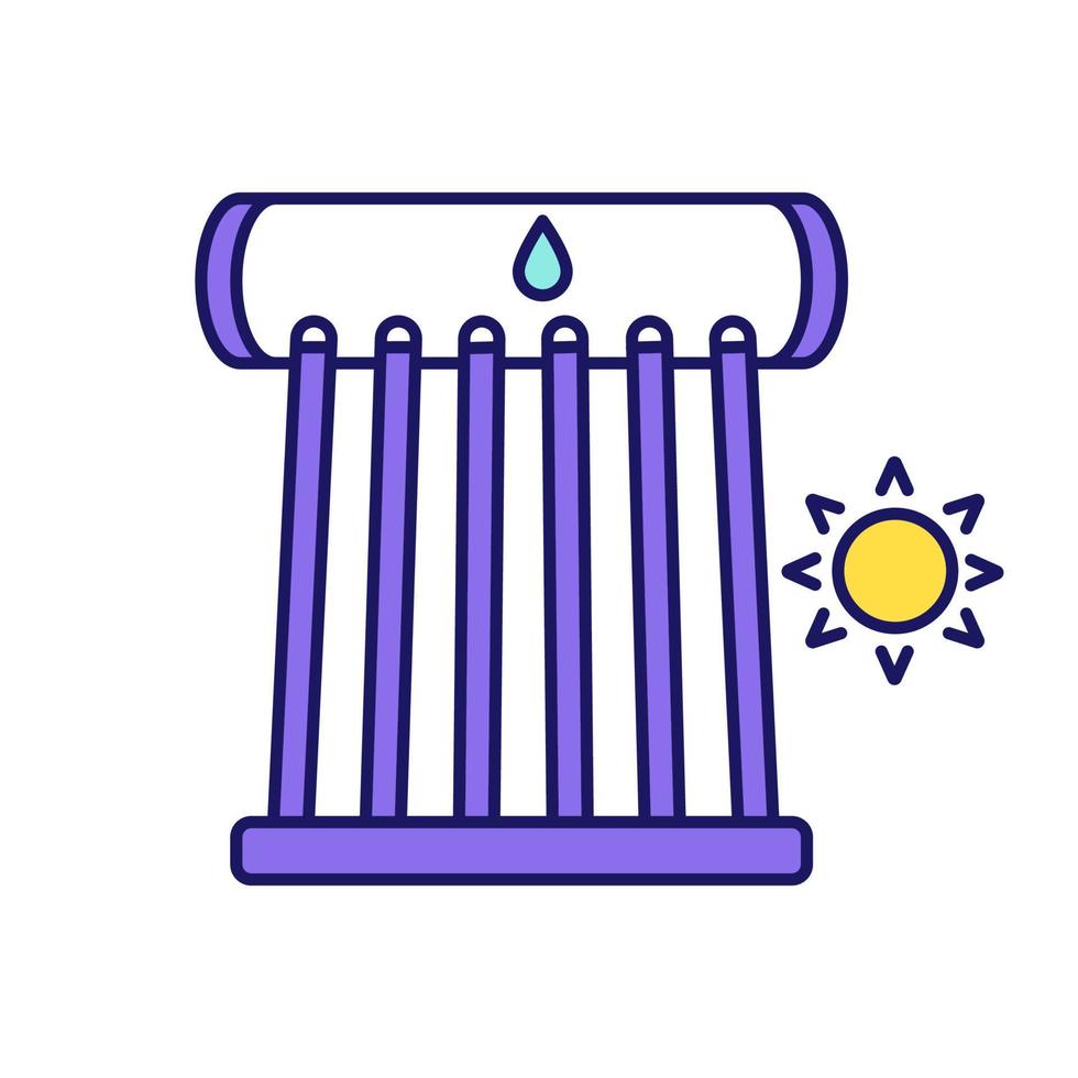 Icono de color de calentador de agua solar industrial. Tubos colectores solares y tanque de agua. Sistema de calentamiento de agua ecológico. ilustración vectorial aislada vector