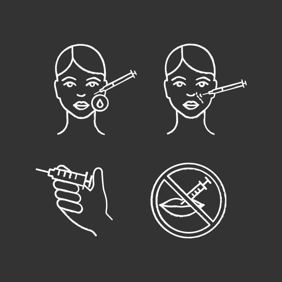 Neurotoxin injection chalk icons set. Makeup removal, syringe, cosmetologic procedure prohibition, nasolabial folds injection. Isolated vector chalkboard illustrations