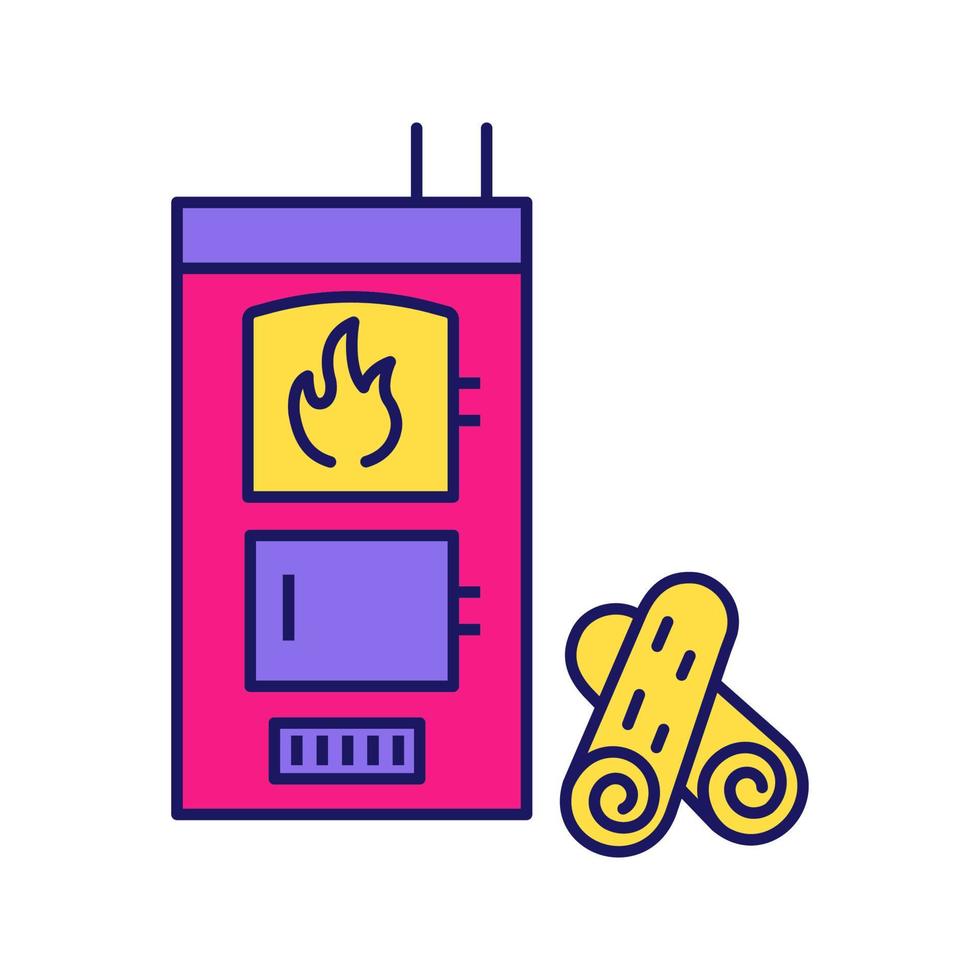 Solid fuel boiler color icon. House central heater. Firewood boiler with two chambers. Heating system. Isolated vector illustration