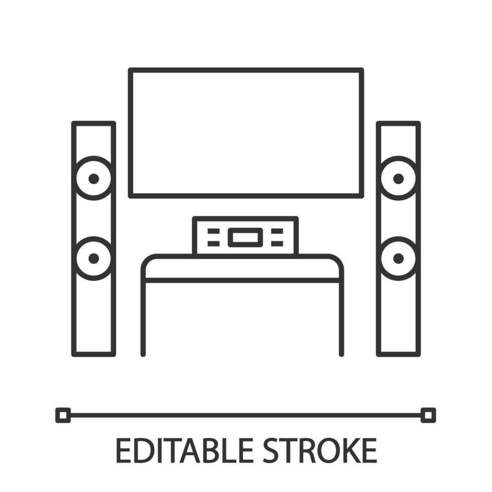 Home theater system with TV linear icon. TV set with audio system. Thin line illustration. Home cinema. Television and loudspeakers. Contour symbol. Vector isolated outline drawing. Editable stroke