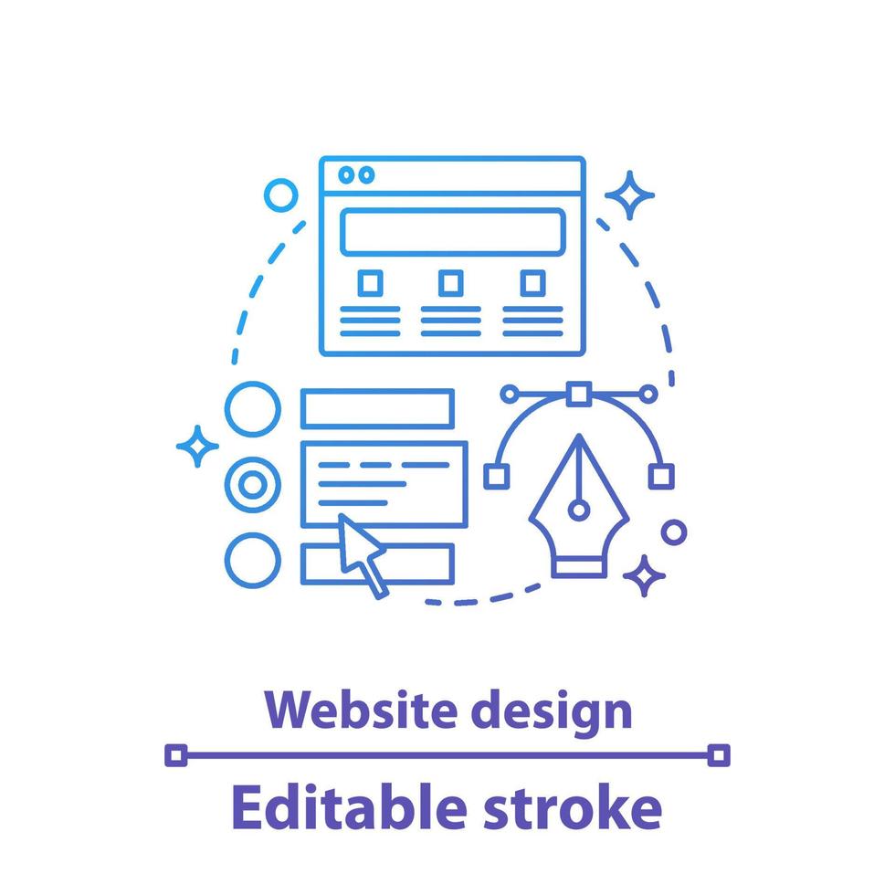 Website design concept icon. App development idea thin line illustration. Web design. Website interface. Vector isolated outline drawing. Editable stroke