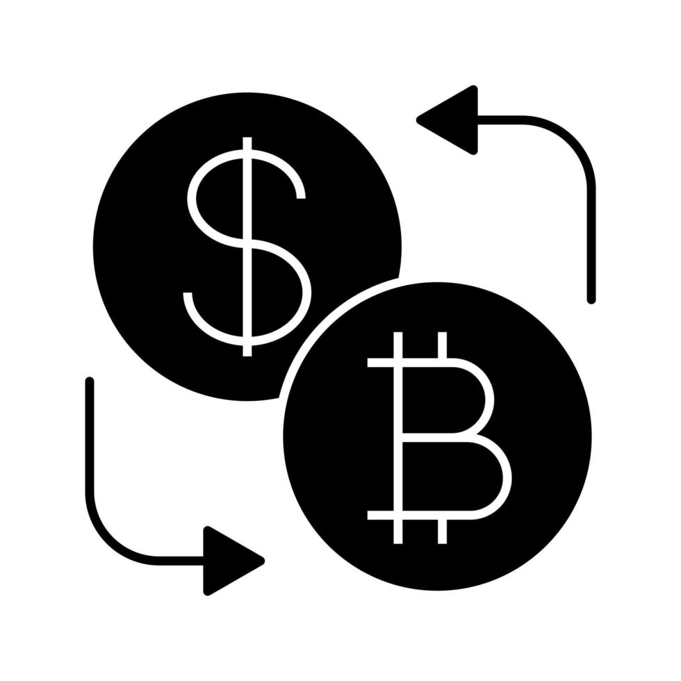 Bitcoin and dollar currency exchange glyph icon. Cryptocurrency. Silhouette symbol. Negative space. Refund. Vector isolated illustration