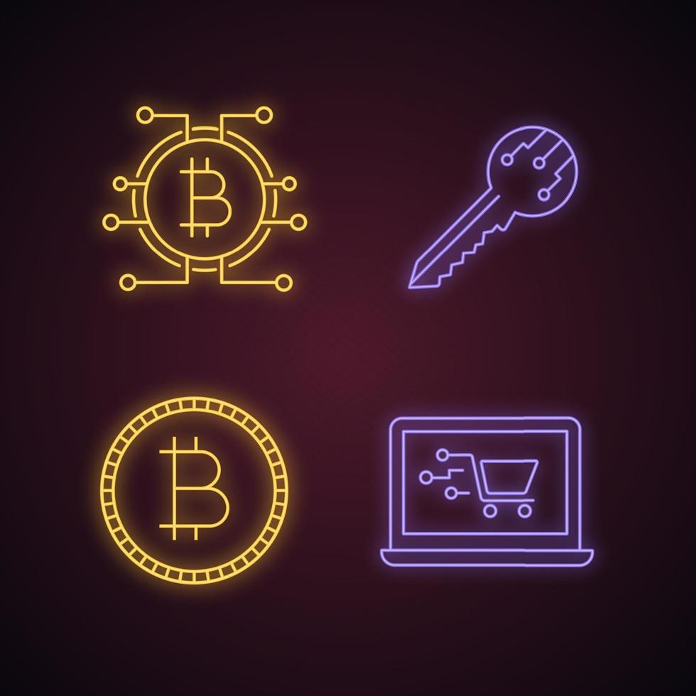 Bitcoin cryptocurrency neon light icons set. Digital key, bitcoin with microchip pathway, coin, online shopping. Glowing signs. Vector isolated illustrations