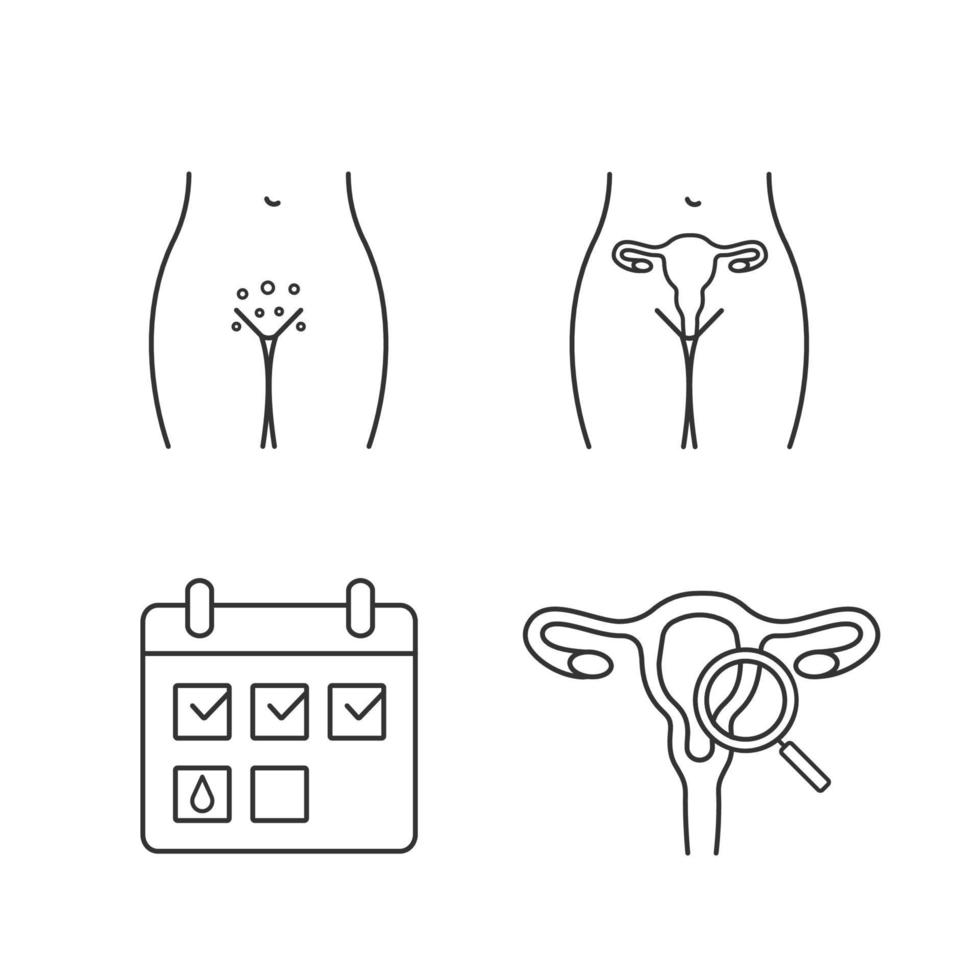 Gynecology linear icons set. Genital rash, female reproductive system, menstrual calendar, gynecological exam. Thin line contour symbols. Isolated vector outline illustrations. Editable stroke