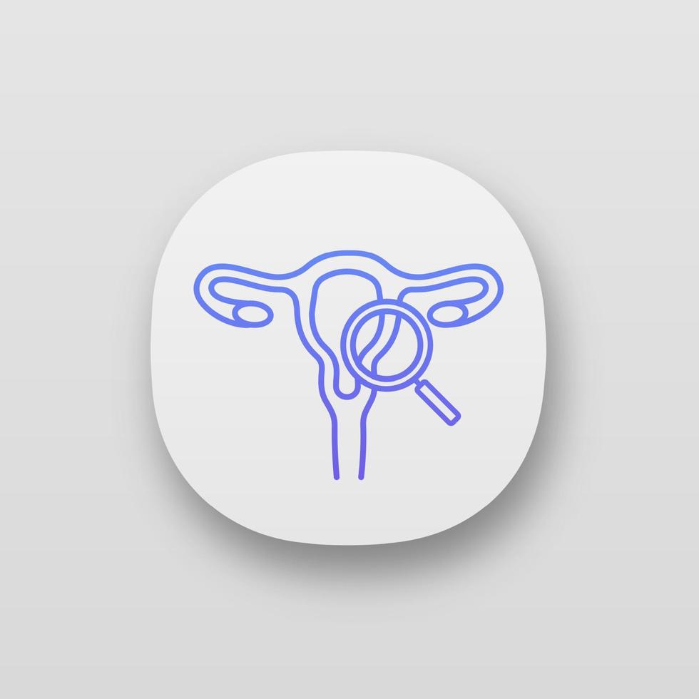 Gynecological exam app icon. UI UX interface. Female reproductive system examination. Gynecology. Uterus, fallopian tubes, vagina with magnifying glass. Women's health. Vector isolated illustration