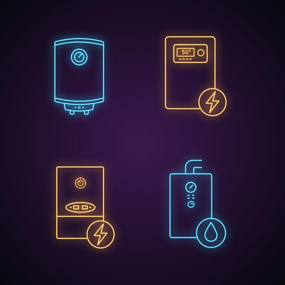 Heating neon light icons set. Central heating system. Electric and gas water heater and heating boilers. Glowing signs. Vector isolated illustrations