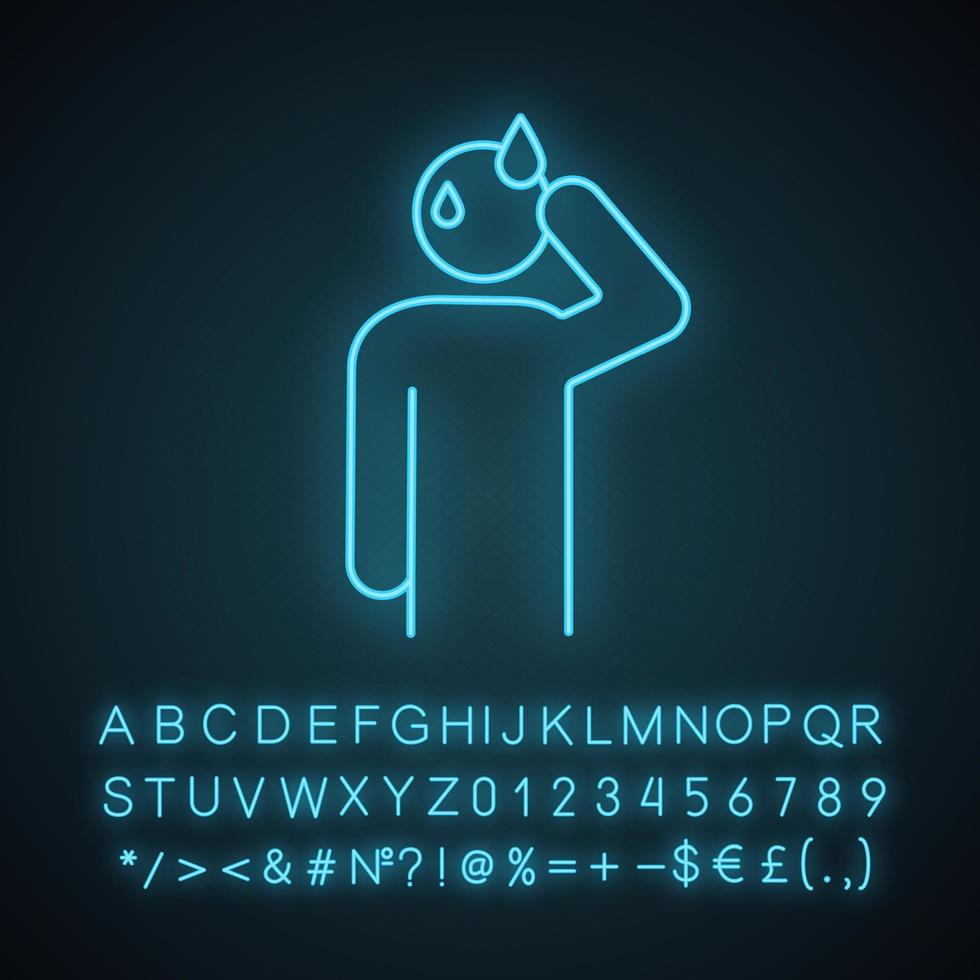 Sweating man neon light icon. Cold sweat. Worrying and nervous person. Anxiety and stress. Panic. Physiological stress symptoms. Glowing sign with alphabet, numbers. Vector isolated illustration