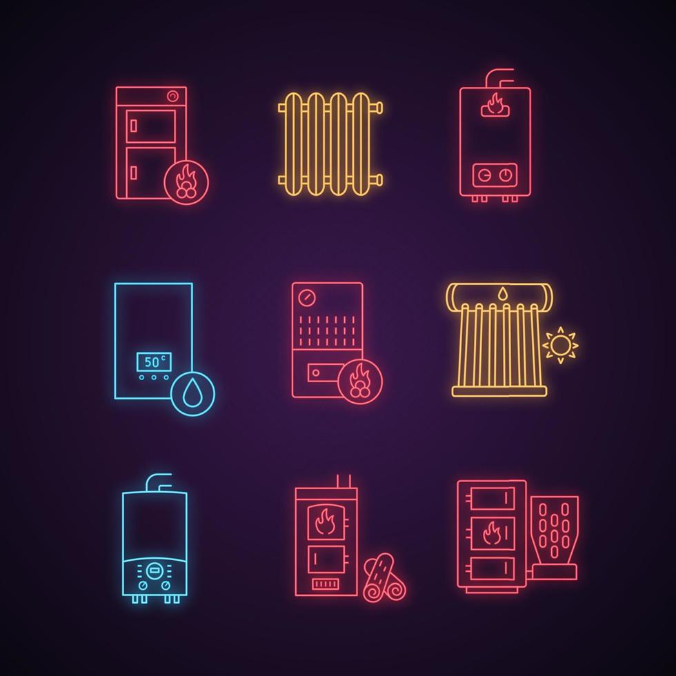 Heating neon light icons set. Boilers, radiators, water heaters. Gas, electric, solid fuel, pellet, solar boilers. Glowing signs. Vector isolated illustrations