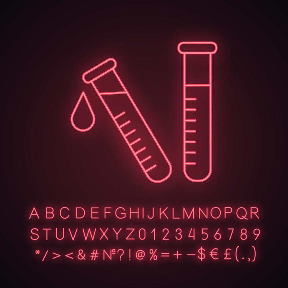 prueba de laboratorio icono de luz de neón. diagnóstico de laboratorio. investigación química. Tubos de ensayo. laboratorio científico. signo brillante con alfabeto, números y símbolos. vector ilustración aislada