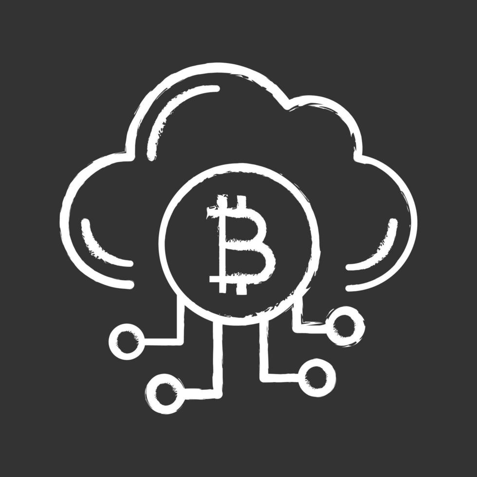 Cryptocurrency cloud mining service chalk icon. Bitcoin crypto mining. Cryptocurrency business. Cloud with bitcoin. Isolated vector chalkboard illustration