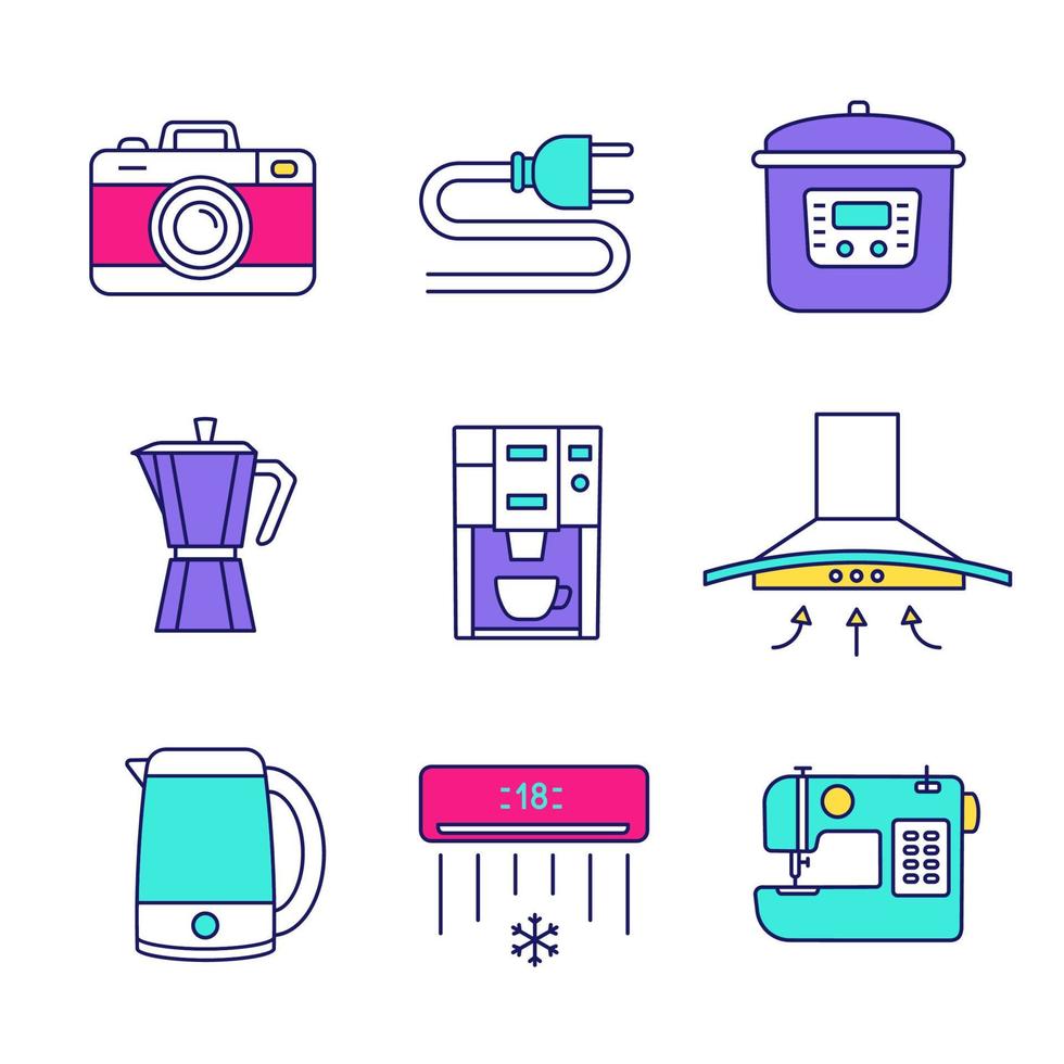 Household appliance color icons set. Photo camera, wire plug, multi cooker, coffee maker, range hood, electric kettle, coffee machine, air conditioner, sewing machine. Isolated vector illustrations