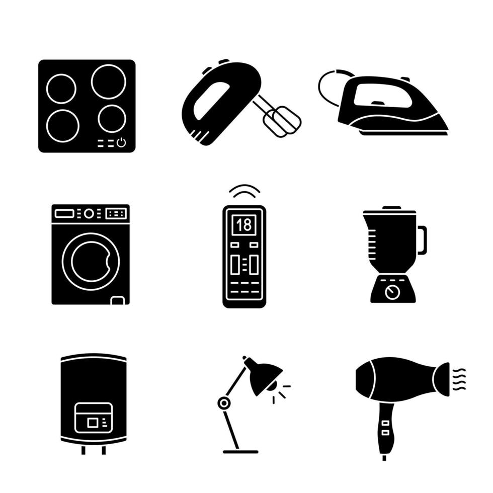 iconos de glifo de electrodomésticos. estufa, batidora de mano, plancha de vapor, lavadora, control remoto, licuadora, calentador de agua, lámpara de mesa, secador de pelo. símbolos de silueta. vector ilustración aislada