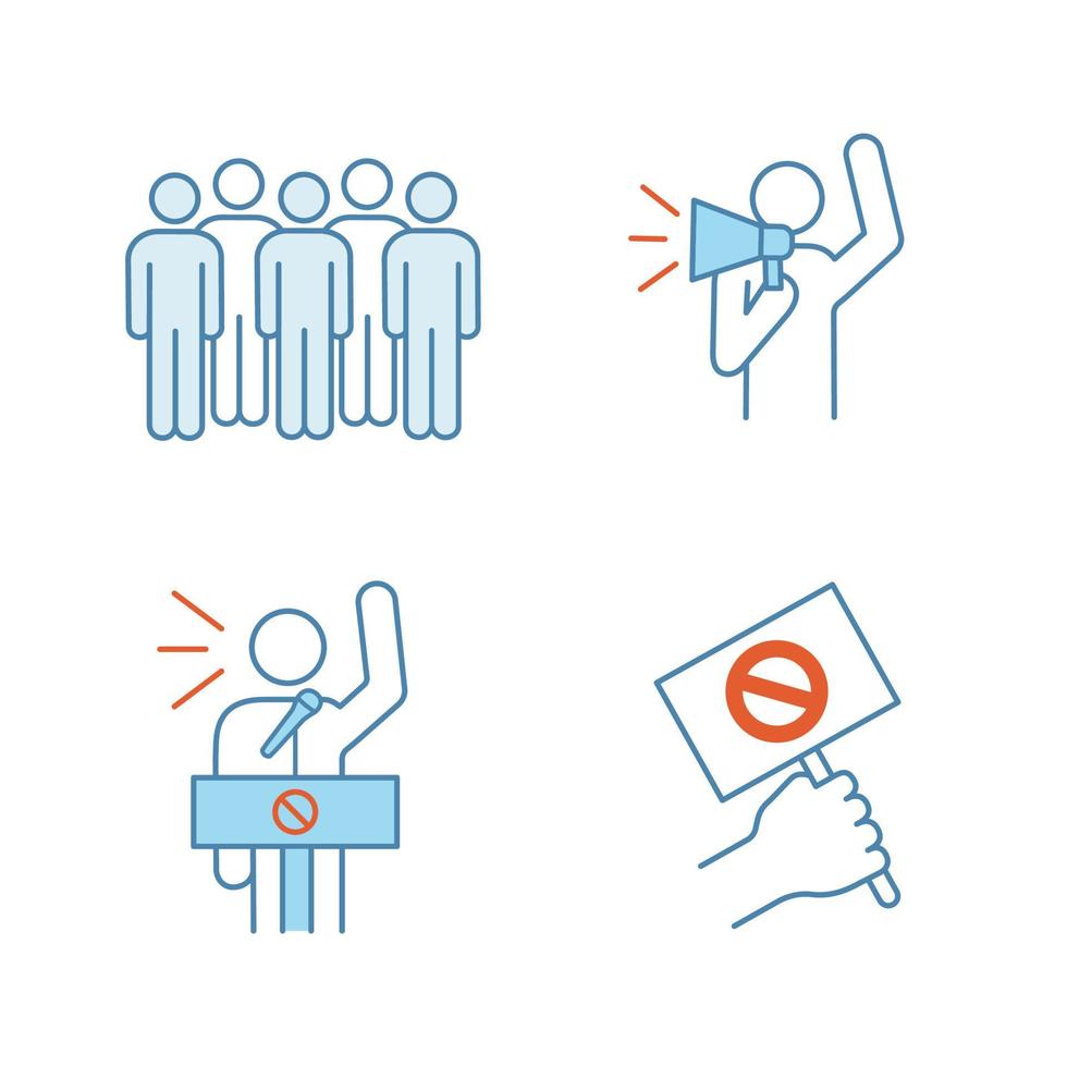 Protest action color icons set. Meeting, protester, protest banner, speech. Isolated vector illustrations