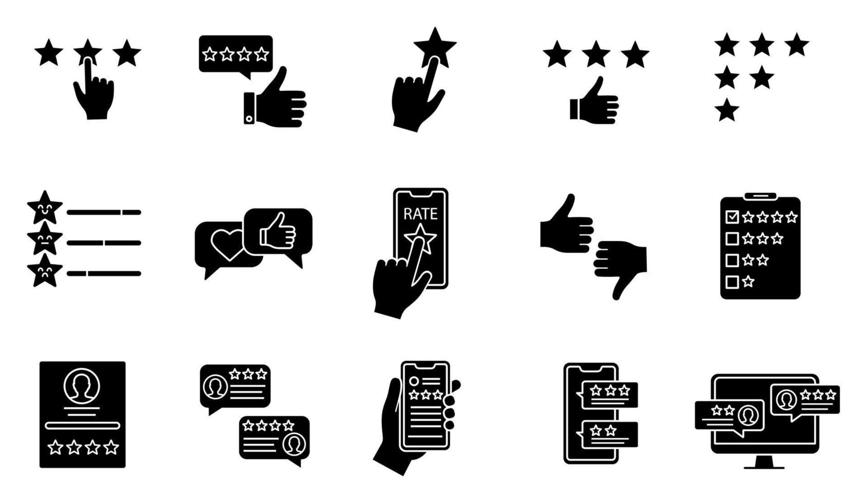 Rating glyph icons set. Customer feedback and reviews. Ranking. Service satisfaction. Likes and dislikes. Positive, negative reviews. Silhouette symbols. Vector isolated illustration