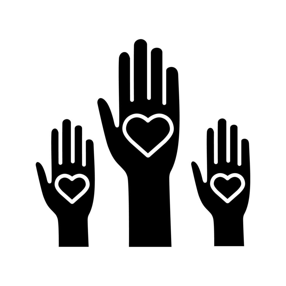 Volunteering experience glyph icon. Volunteers. Helping hands. Voting. Charity. Unity in diversity. Silhouette symbol. Negative space. Vector isolated illustration