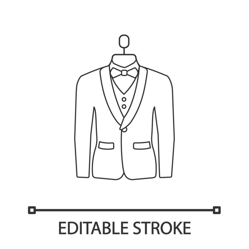 Wedding tuxedo linear icon. Jacket with bow tie. Thin line illustration. Mens formal wear. Menswear. Men s suit on mannequin. Atelier. Contour vector isolated outline drawing. Editable stroke