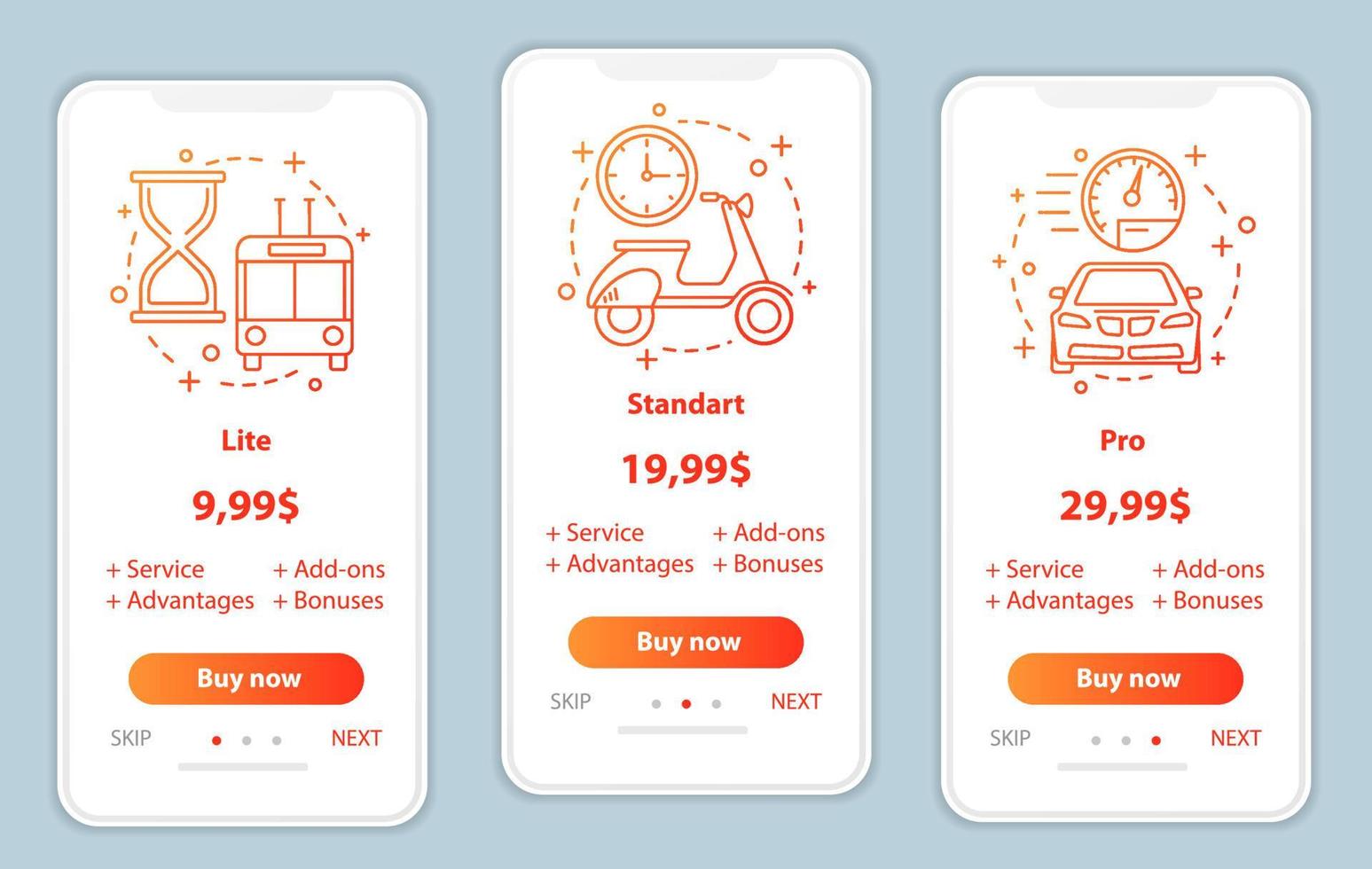 Tariff plans onboarding mobile app screens vector templates. Walkthrough website pages interface. Lite, standart, pro service prices. Smartphone subscription, membership payment web page layout