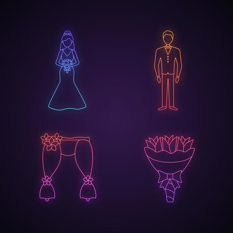 Wedding planning neon light icons set. Bride and bridegroom, wedding floral arch, bouquet. Glowing signs. Vector isolated illustrations