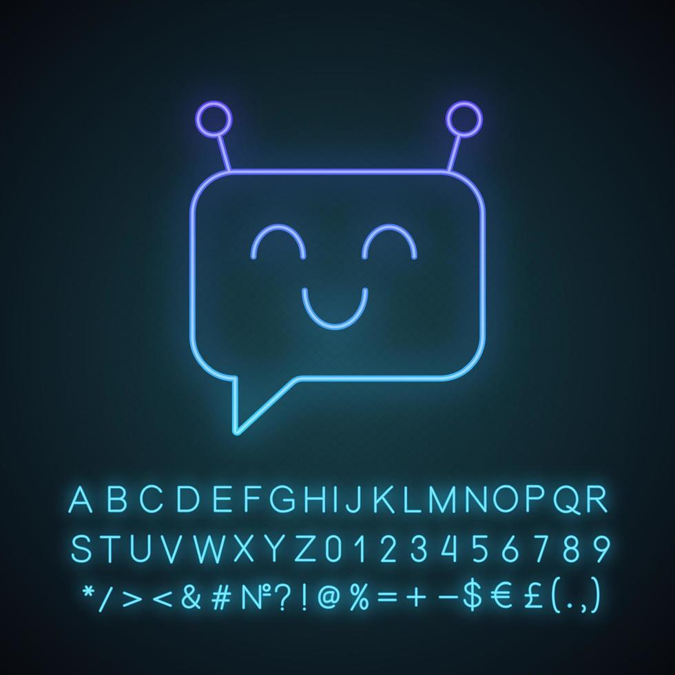 Chatbot message neon light icon. Talkbot. Modern robot. Square head laughing chat bot. Virtual assistant. Conversational agent. Glowing alphabet, numbers and symbols. Vector isolated illustration