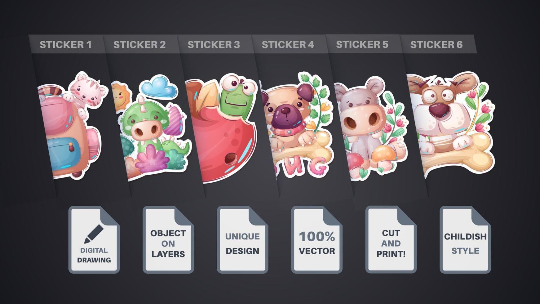 Set sticker - cat, briefcase, crocodile, alligator, worm, apple, dog, hippo, bone vector