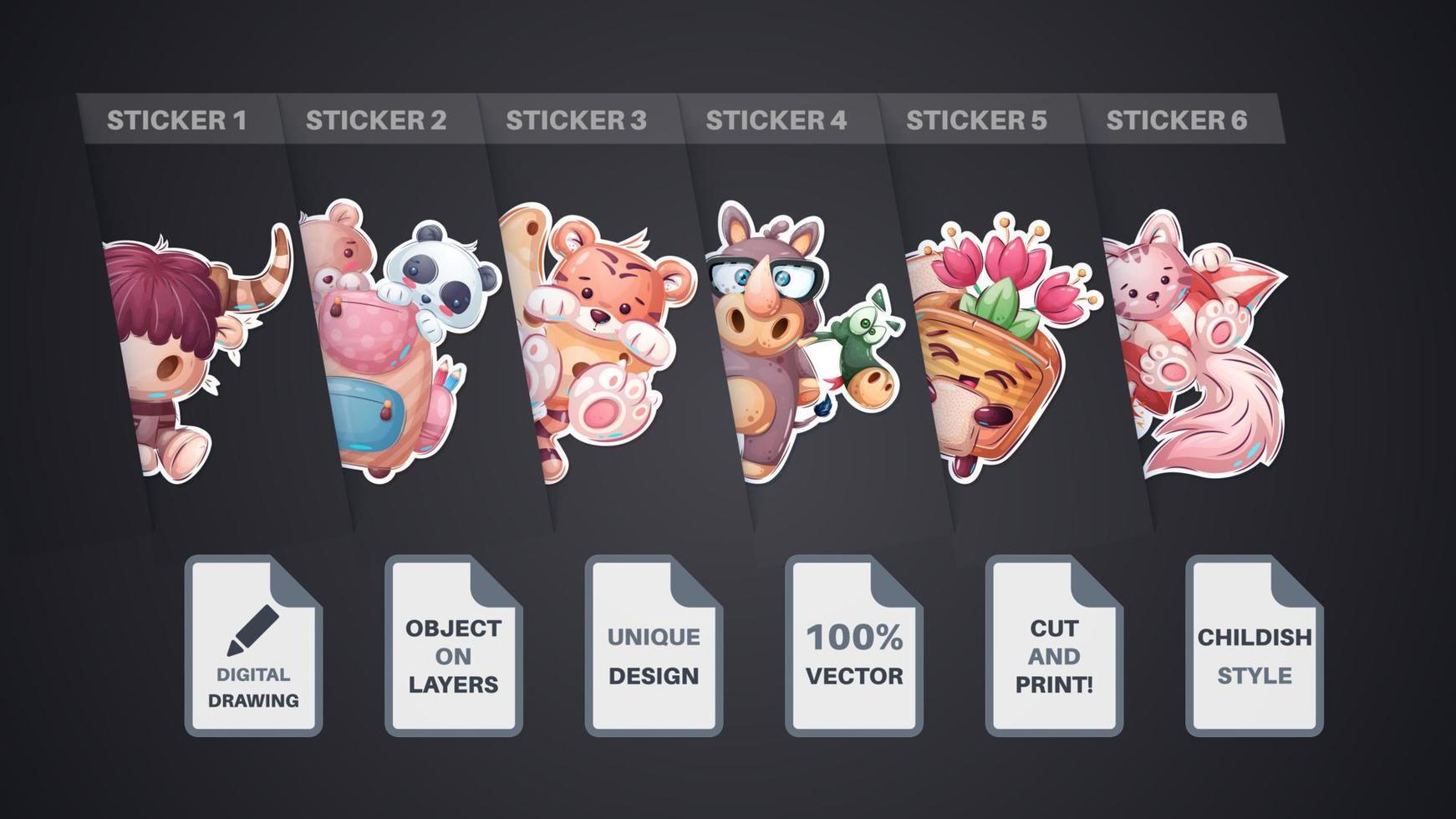 Set sticker - cow, bull, tiger, cat, kitty, panda, bear, hippo, snake, dino, toaster vector
